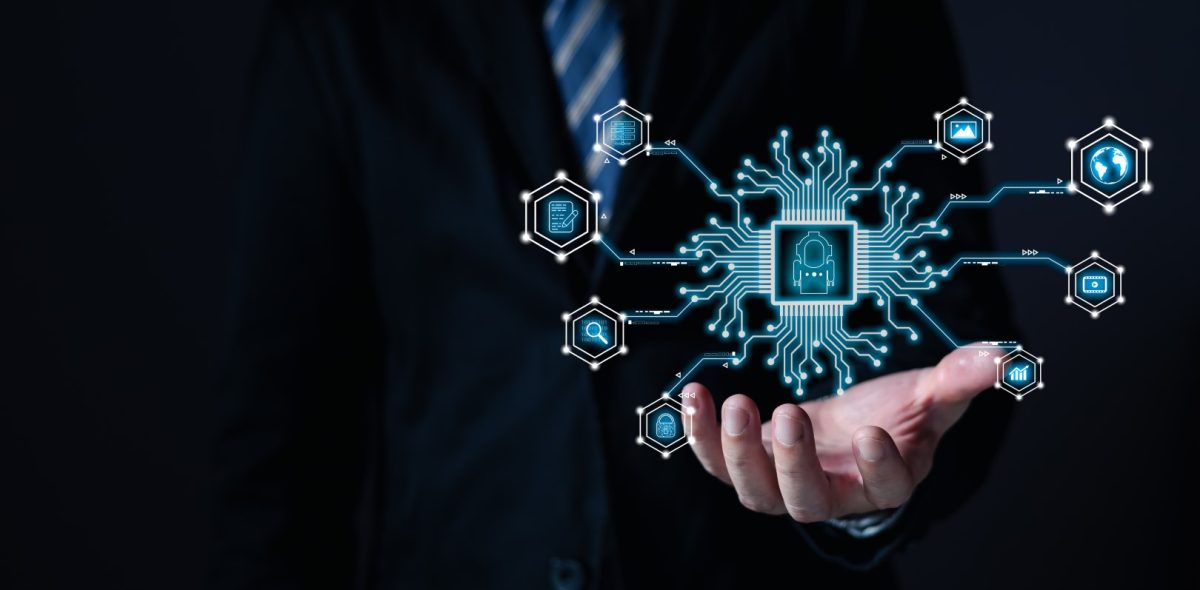 a person touch Ai chip.new technology big data and business process strategy, customer service management.Digital transformation change management,internet of things.cloud computing.Ai technology.