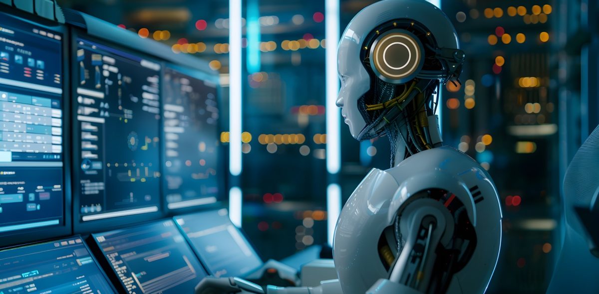 The image depicts a futuristic and high tech workspace of an artificial intelligence engineer The individual is intently focused on the multiple computer screens displaying complex data