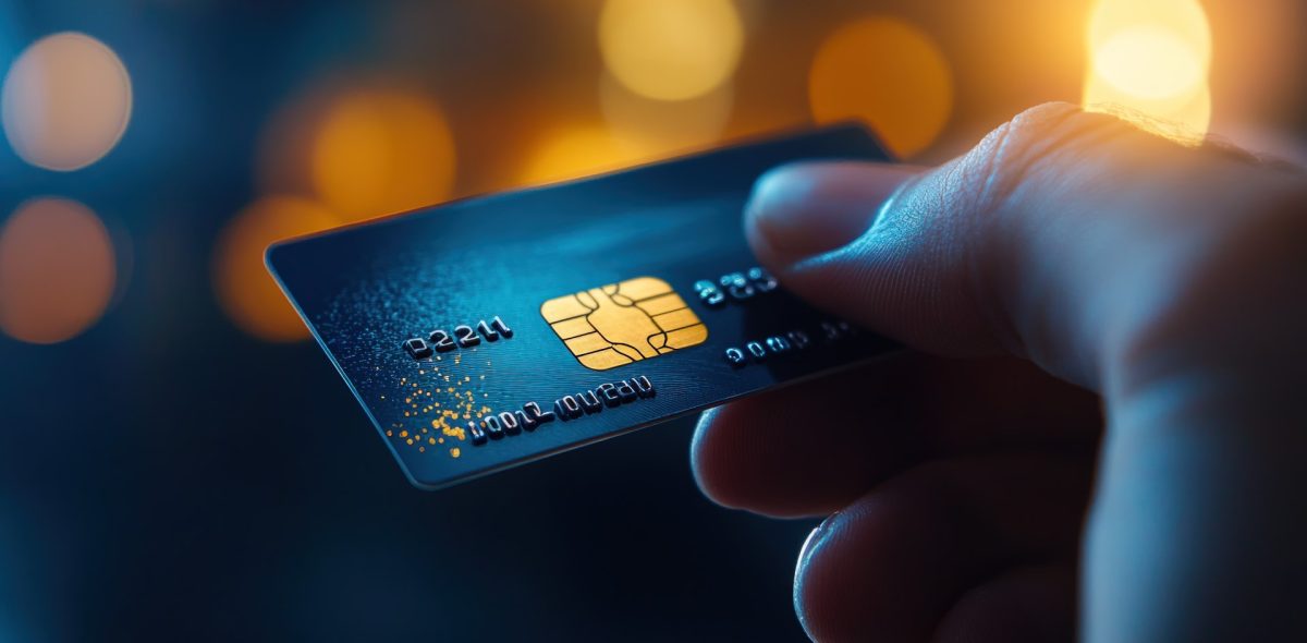 Hand holding credit card, city lights background, online payment